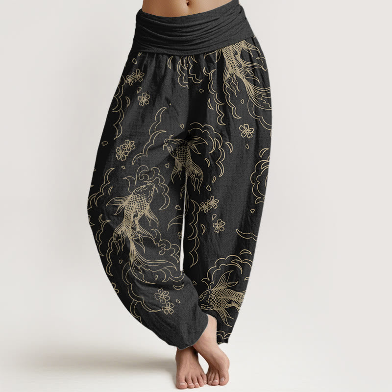 Buddha Stones Pure Cotton Casual Koi Fish Waves And Petal Line Pattern Women's Elastic Waist Harem Pants