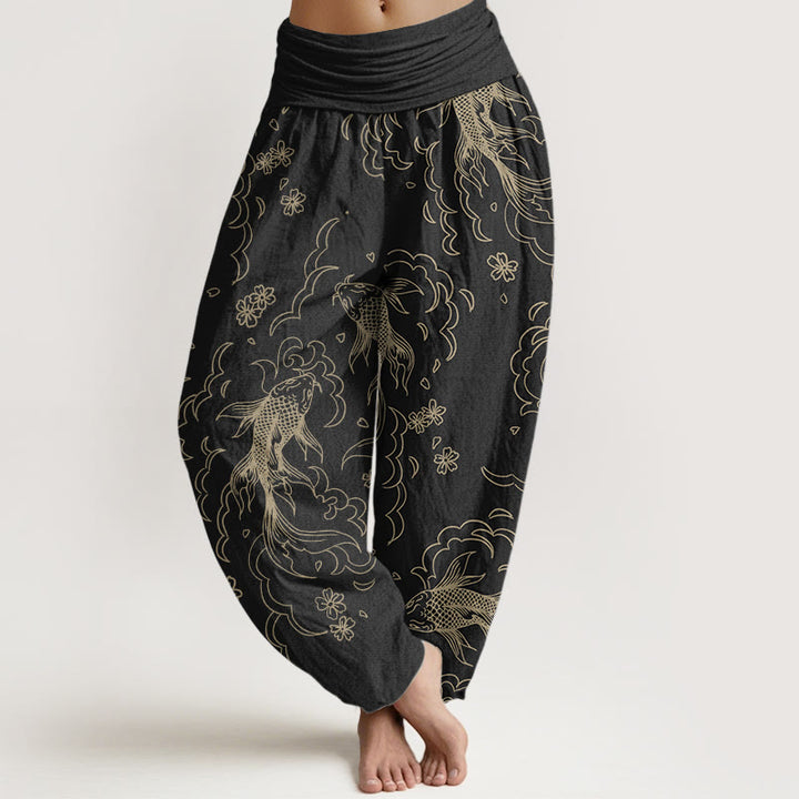 Buddha Stones Pure Cotton Casual Koi Fish Waves And Petal Line Pattern Women's Elastic Waist Harem Pants