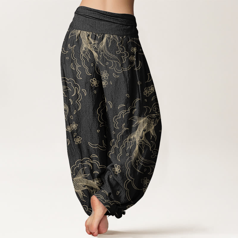 Buddha Stones Pure Cotton Casual Koi Fish Waves And Petal Line Pattern Women's Elastic Waist Harem Pants