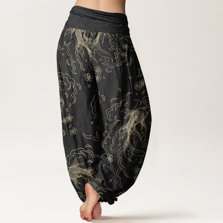Buddha Stones Pure Cotton Casual Koi Fish Waves And Petal Line Pattern Women's Elastic Waist Harem Pants