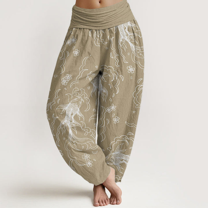 Buddha Stones Pure Cotton Casual Koi Fish Waves And Petal Line Pattern Women's Elastic Waist Harem Pants