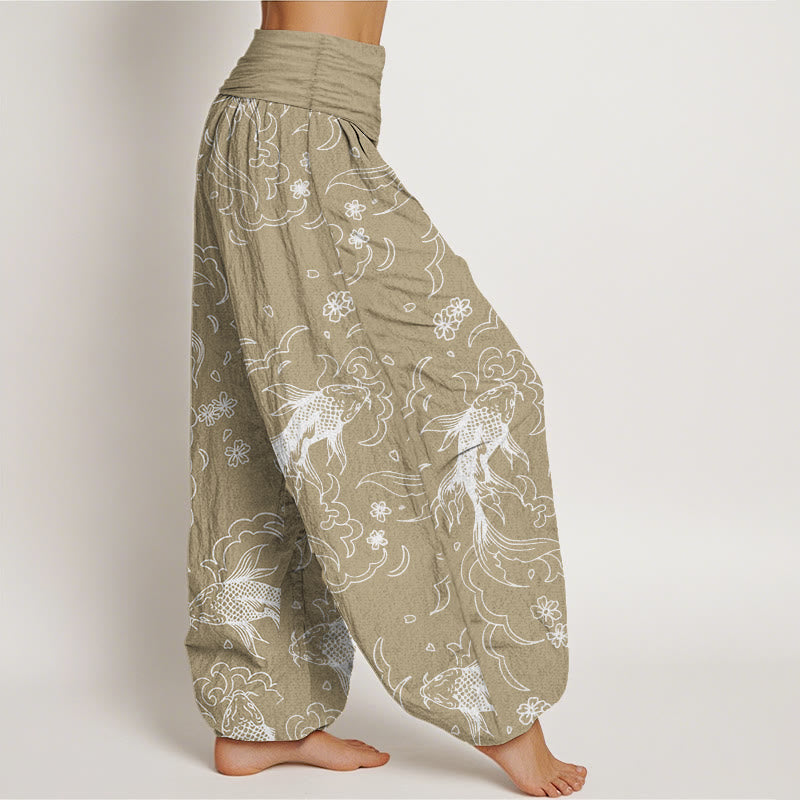 Buddha Stones Pure Cotton Casual Koi Fish Waves And Petal Line Pattern Women's Elastic Waist Harem Pants