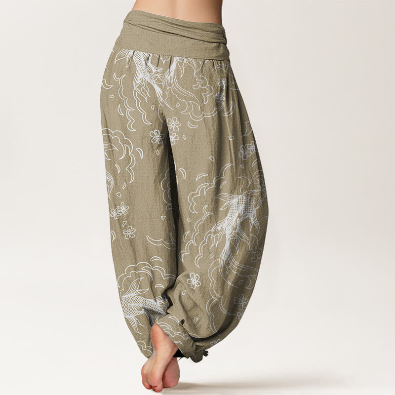 Buddha Stones Pure Cotton Casual Koi Fish Waves And Petal Line Pattern Women's Elastic Waist Harem Pants