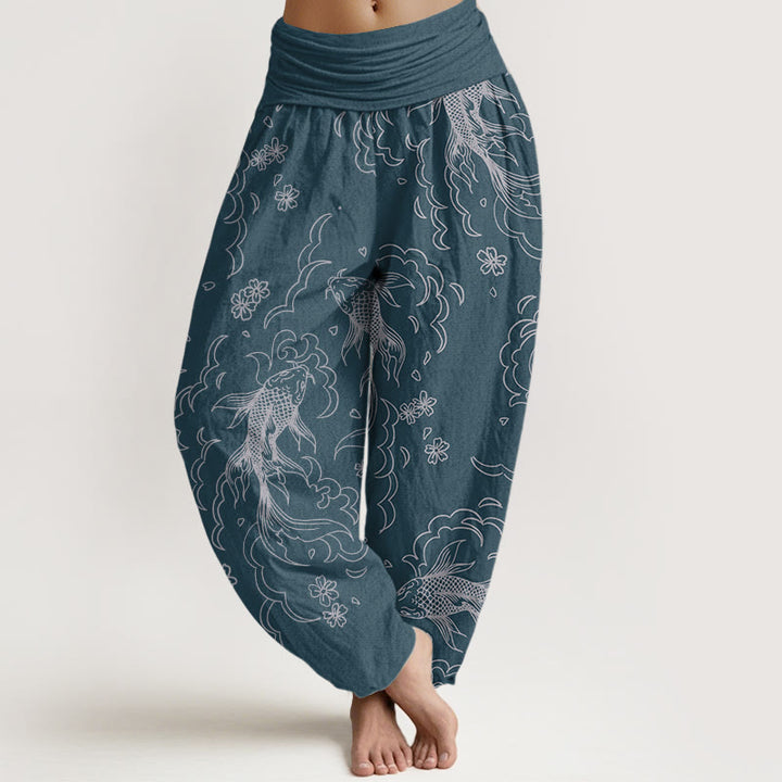 Buddha Stones Pure Cotton Casual Koi Fish Waves And Petal Line Pattern Women's Elastic Waist Harem Pants