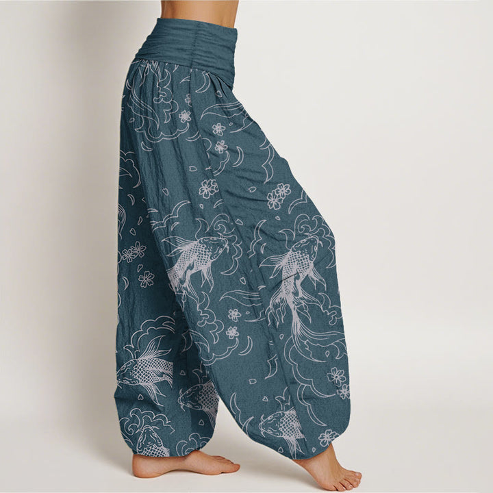 Buddha Stones Pure Cotton Casual Koi Fish Waves And Petal Line Pattern Women's Elastic Waist Harem Pants