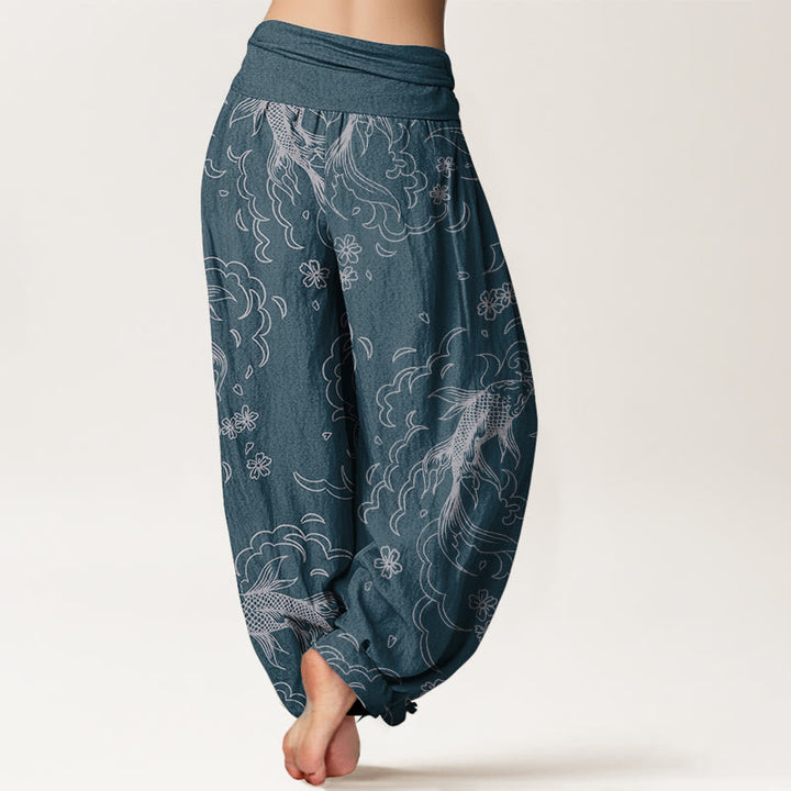 Buddha Stones Pure Cotton Casual Koi Fish Waves And Petal Line Pattern Women's Elastic Waist Harem Pants