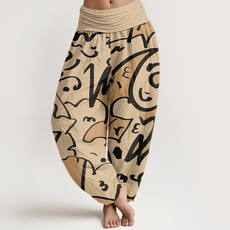 Buddha Stones Casual Playful Doodl Line Pattern Women's Elastic Waist Harem Pants - PaleGoldenrod - US22,UK/AU26,EU54 (6XL) - image 1