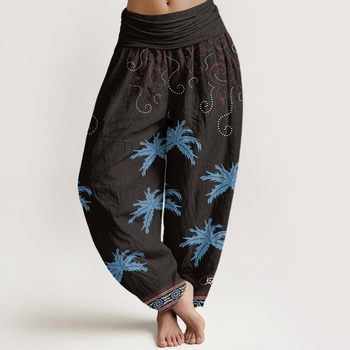 Buddha Stones Casual Floral Scroll Tropical Palm Pattern Women's Elastic Waist Harem Pants - Black - US22,UK/AU26,EU54 (6XL) - image 1