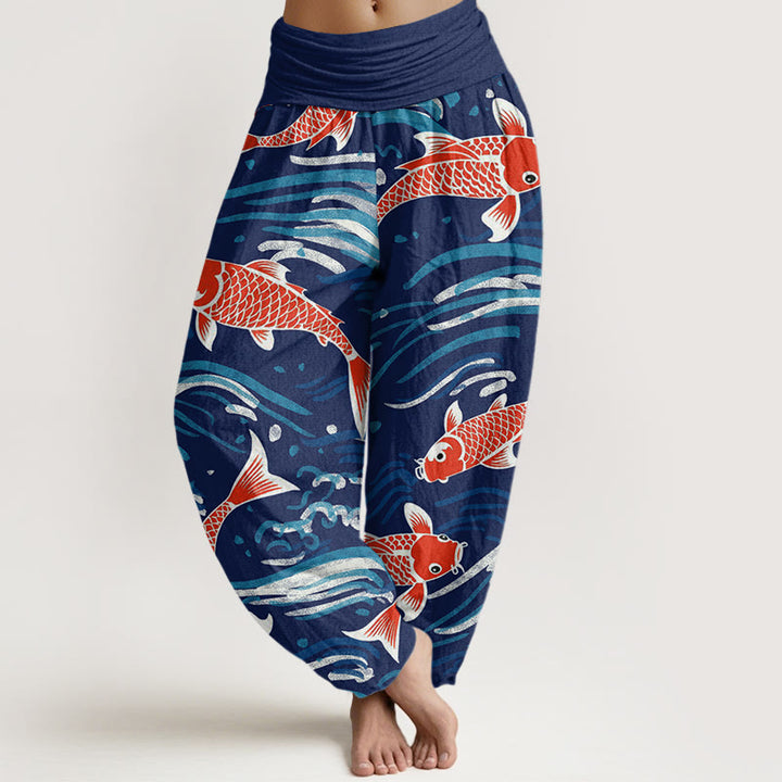 Buddha Stones Casual Wave Koi Pattern Women's Elastic Waist Harem Pants - Navy - US22,UK/AU26,EU54 (6XL) - image 1