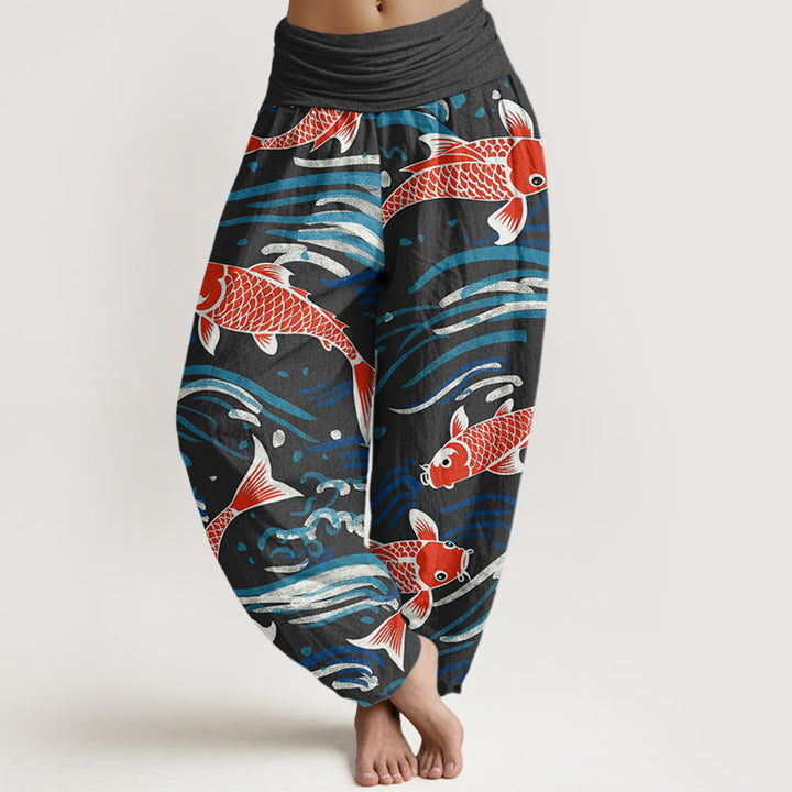 Buddha Stones Casual Wave Koi Pattern Women's Elastic Waist Harem Pants - Black - US22,UK/AU26,EU54 (6XL) - image 5