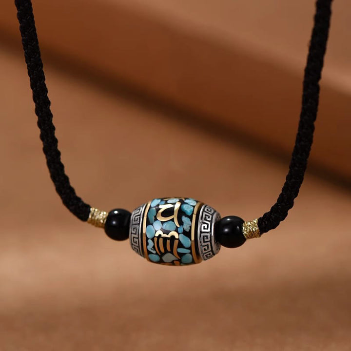 Buddha Stones Tibet Om Mani Padme Hum Dzi Bead Pattern Protection Rotatable Necklace Pendant - Rope Chain & Dzi Bead - image 1