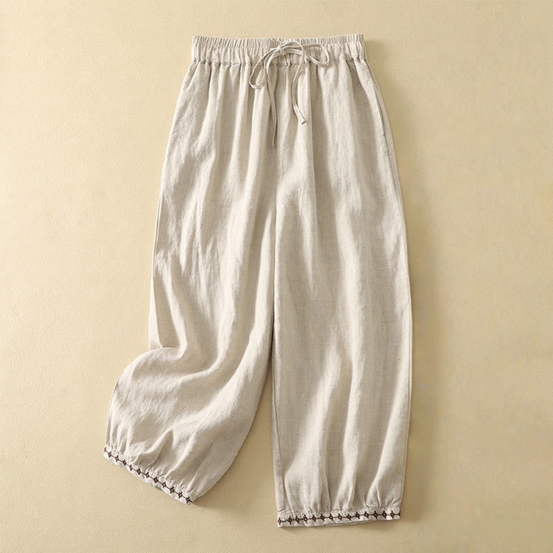 Buddha Stones Casual Retro Drawstring Embroidery Design Women's Cotton Linen 7-8 Length Pants With Pockets - Linen - US8-10,UK/AU12-14,EU40-42 (2XL) - image 1