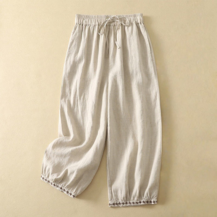 Buddha Stones Casual Retro Drawstring Embroidery Design Women's Cotton Linen 7-8 Length Pants With Pockets - Linen - US8-10,UK/AU12-14,EU40-42 (2XL) - image 1