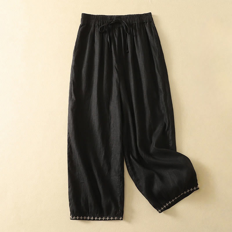 Buddha Stones Casual Retro Drawstring Embroidery Design Women's Cotton Linen 7-8 Length Pants With Pockets - Black - US8-10,UK/AU12-14,EU40-42 (2XL) - image 10