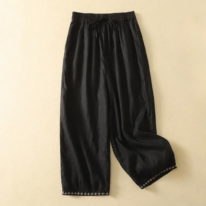Buddha Stones Casual Retro Drawstring Embroidery Design Women's Cotton Linen 7-8 Length Pants With Pockets - Black - US8-10,UK/AU12-14,EU40-42 (2XL) - image 10