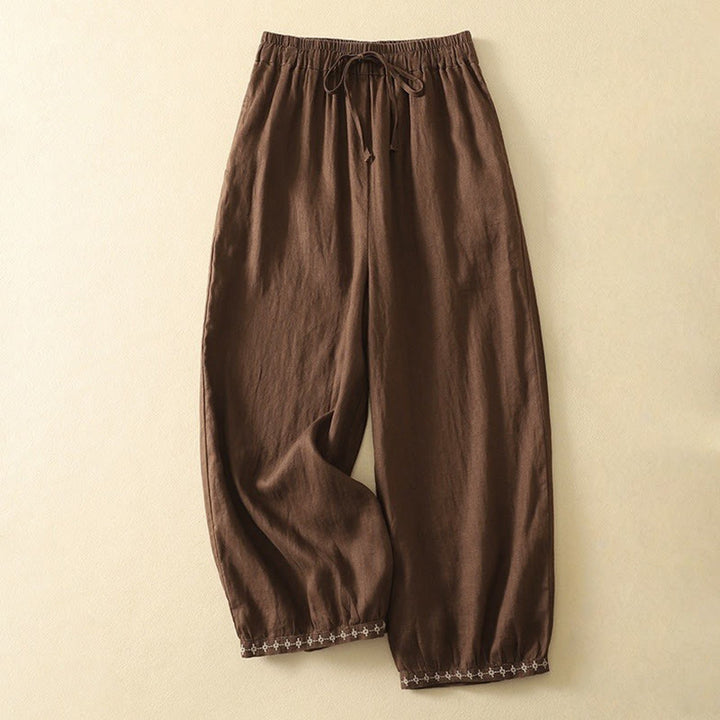Buddha Stones Casual Retro Drawstring Embroidery Design Women's Cotton Linen 7-8 Length Pants With Pockets - SaddleBrown - US8-10,UK/AU12-14,EU40-42 (2XL) - image 14