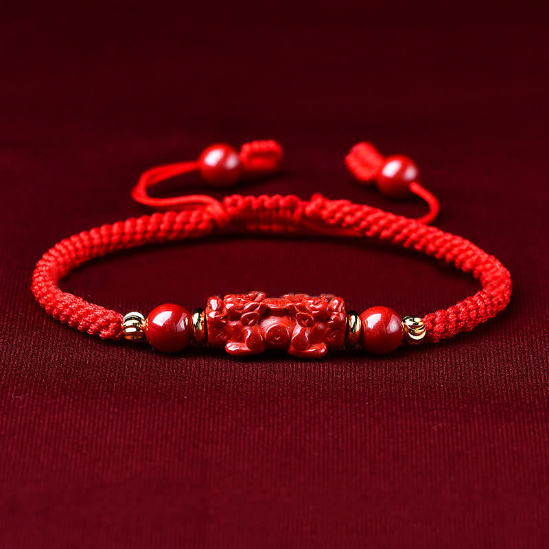 Buddha Stones Handcrafted Pixiu Cinnabar Ruyi Stick Wealth Luck Braided Bracelet - Cinnabar PiXiu(Wrist Circumference: 14-19cm) - image 1