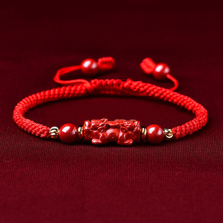 Buddha Stones Handcrafted Pixiu Cinnabar Ruyi Stick Wealth Luck Braided Bracelet - Cinnabar PiXiu(Wrist Circumference: 14-19cm) - image 1