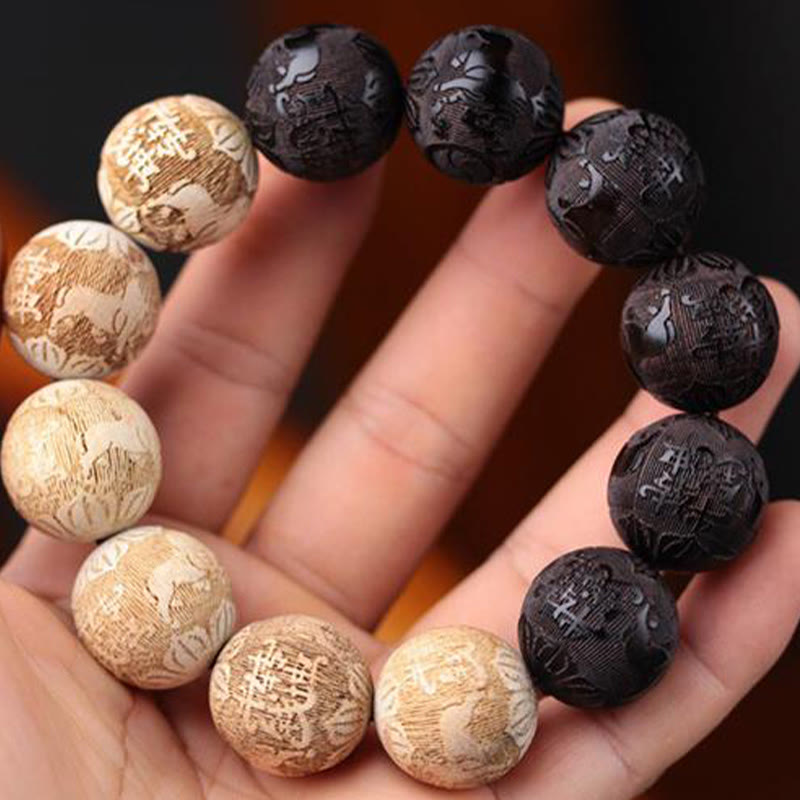 Buddha Stones Ebony Wood Camphor Wood Yin Yang Ox Engraved Peace Bracelet - image 5
