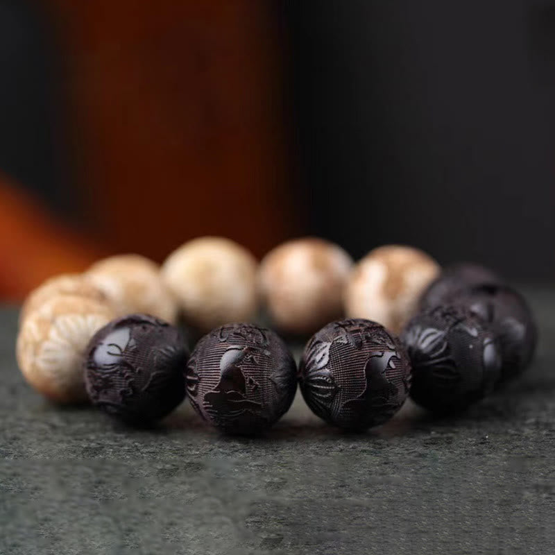 Buddha Stones Ebony Wood Camphor Wood Yin Yang Ox Engraved Peace Bracelet - image 3