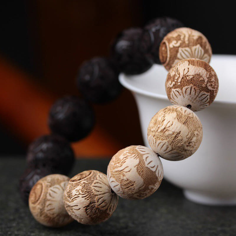 Buddha Stones Ebony Wood Camphor Wood Yin Yang Ox Engraved Peace Bracelet - image 2