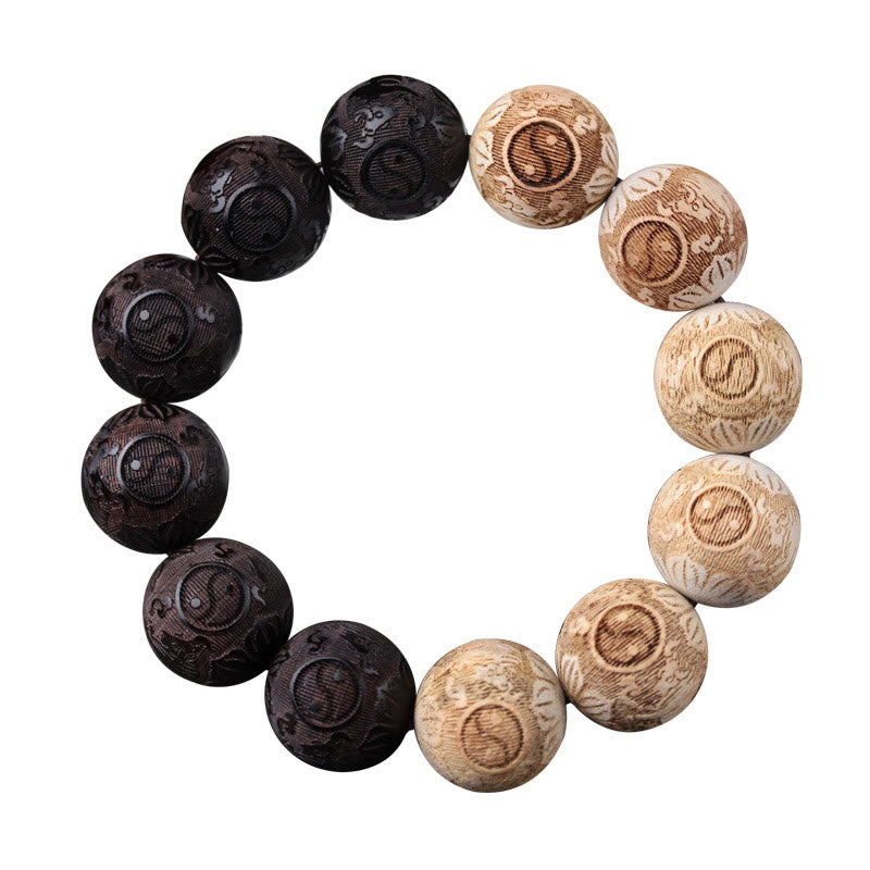 Buddha Stones Ebony Wood Camphor Wood Yin Yang Ox Engraved Peace Bracelet - image 13
