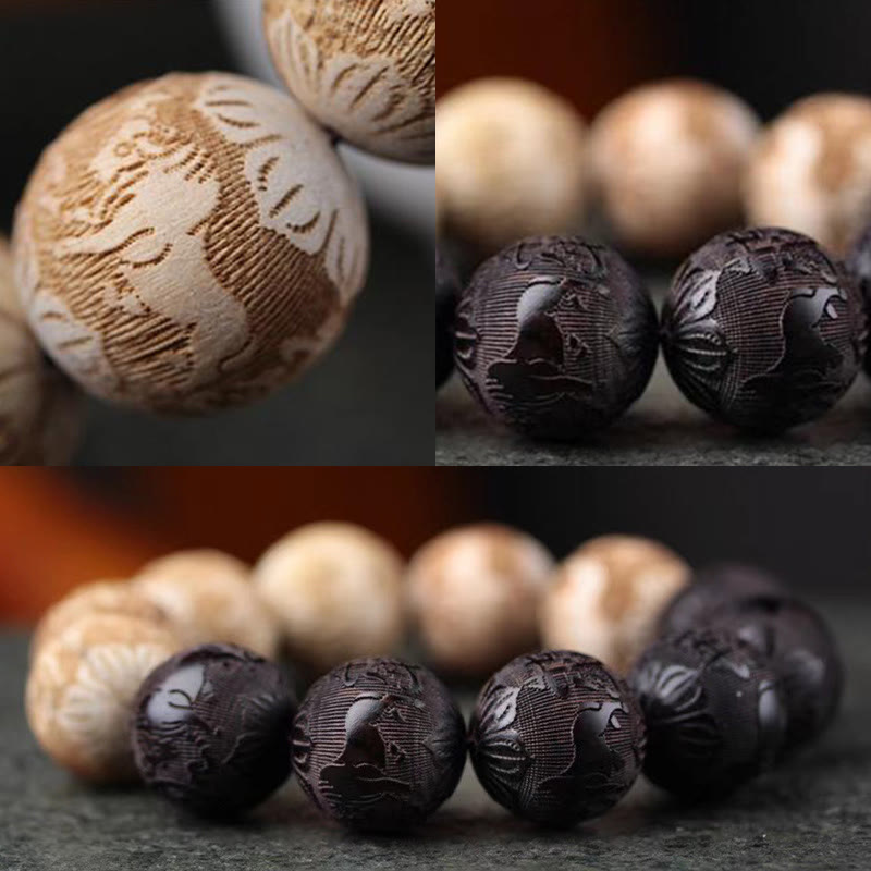 Buddha Stones Ebony Wood Camphor Wood Yin Yang Ox Engraved Peace Bracelet - image 9