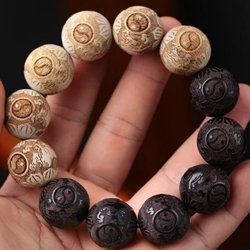 Buddha Stones Ebony Wood Camphor Wood Yin Yang Ox Engraved Peace Bracelet - image 4