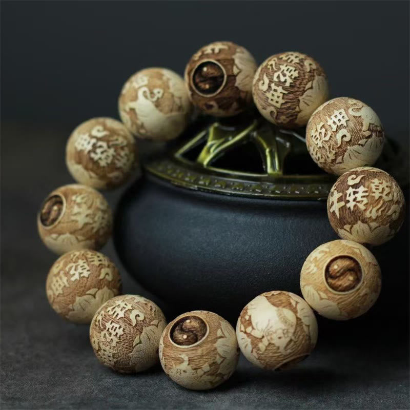 Buddha Stones Camphor Wood Yin Yang Ox Engraved Clarity Bracelet - image 2
