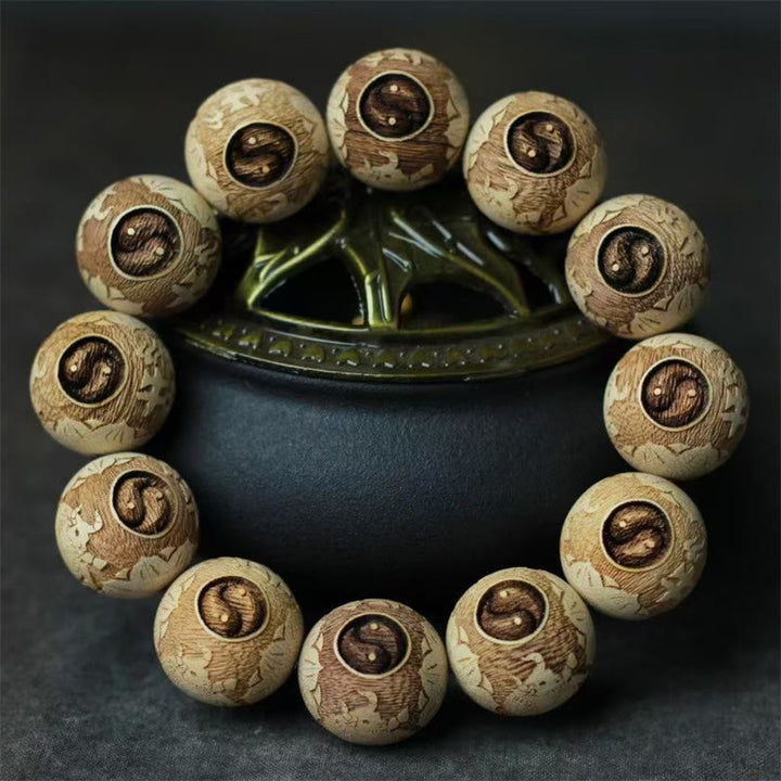 Buddha Stones Camphor Wood Yin Yang Ox Engraved Clarity Bracelet - Camphor Wood(Wrist Circumference 14-17cm) - image 1