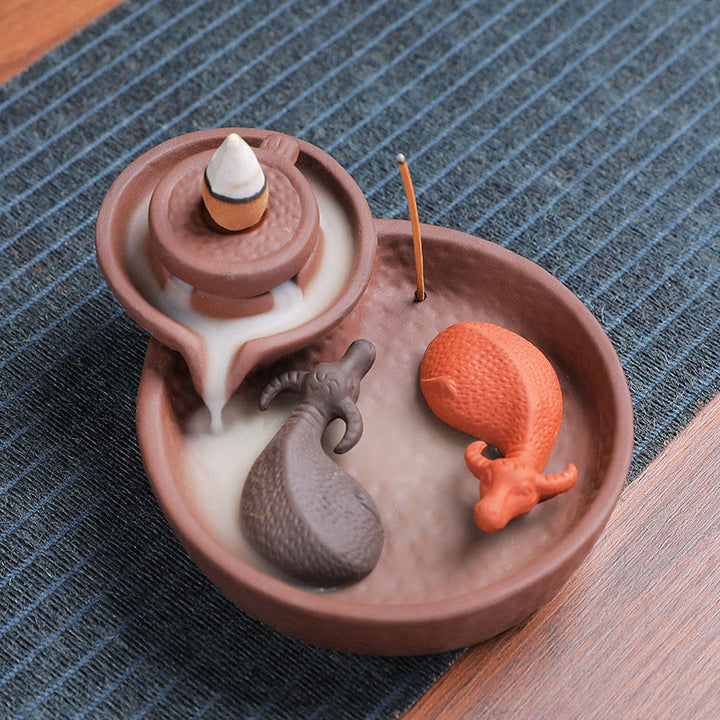 Buddha Stones Koi Fish Ox Purple Clay Ceramic Incense Stick Holder Healing Incense Burner Decoration - Ox 10.8*13.5*5cm(without incense) - image 1