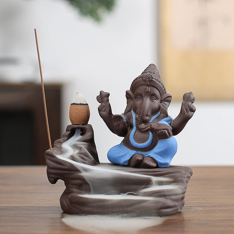 Buddha Stones Ganesh Elephant Purple Clay Backflow Smoke Fountain Protection Stick Incense Burner - Blue 10.1*11cm - image 1
