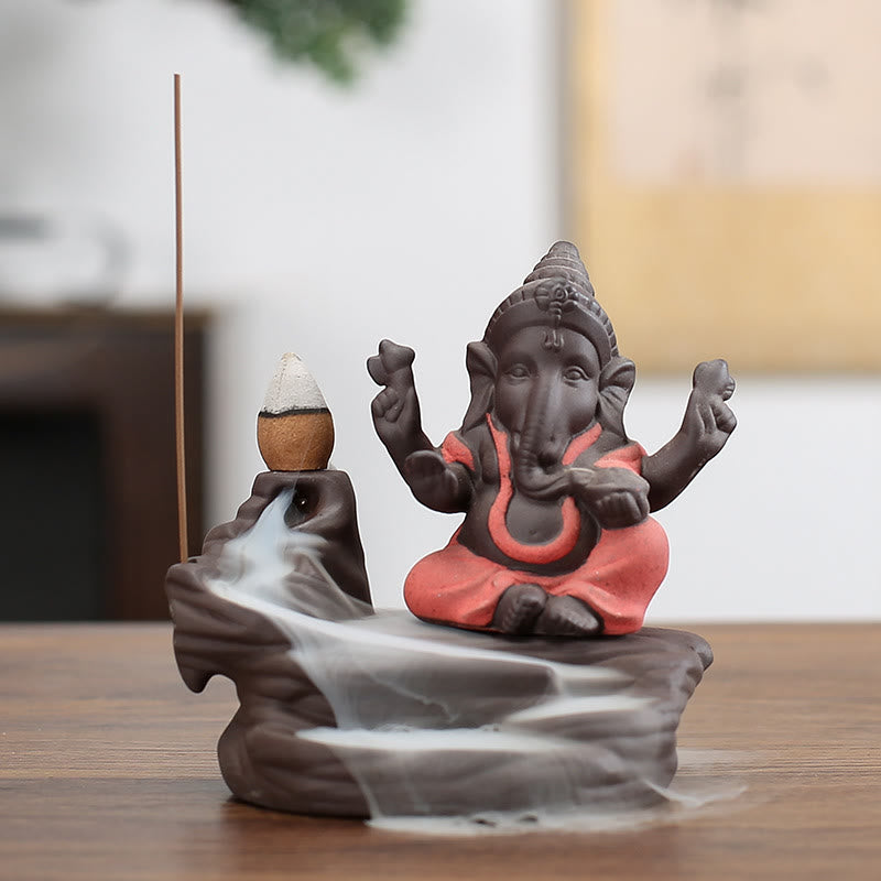 Buddha Stones Ganesh Elephant Purple Clay Backflow Smoke Fountain Protection Stick Incense Burner - Orange 10.1*11cm - image 2