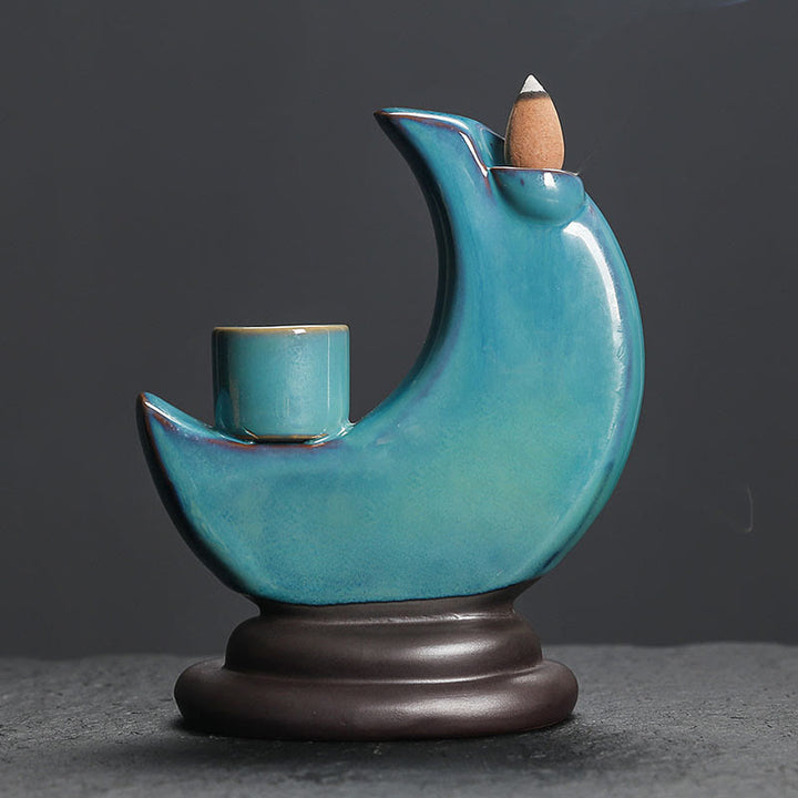 Buddha Stones Blue Crescent Moon Ceramic Backflow Smoke Fountain Meditation Candlestick Incense Burner Decoration - image 2