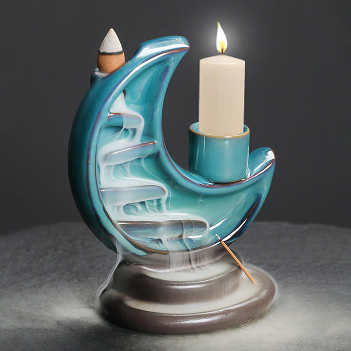 Buddha Stones Blue Crescent Moon Ceramic Backflow Smoke Fountain Meditation Candlestick Incense Burner Decoration - image 3