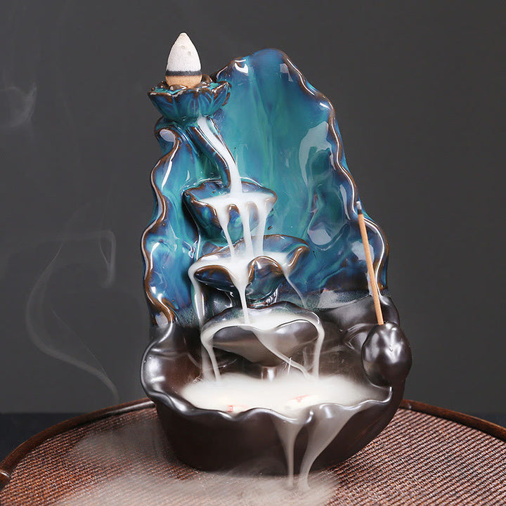 Buddha Stones Blue Lotus Leaf Ceramic Backflow Smoke Fountain Spiritual Incense Burner Decoration - Blue Lotus 10.1*9.6*16.2cm - image 1