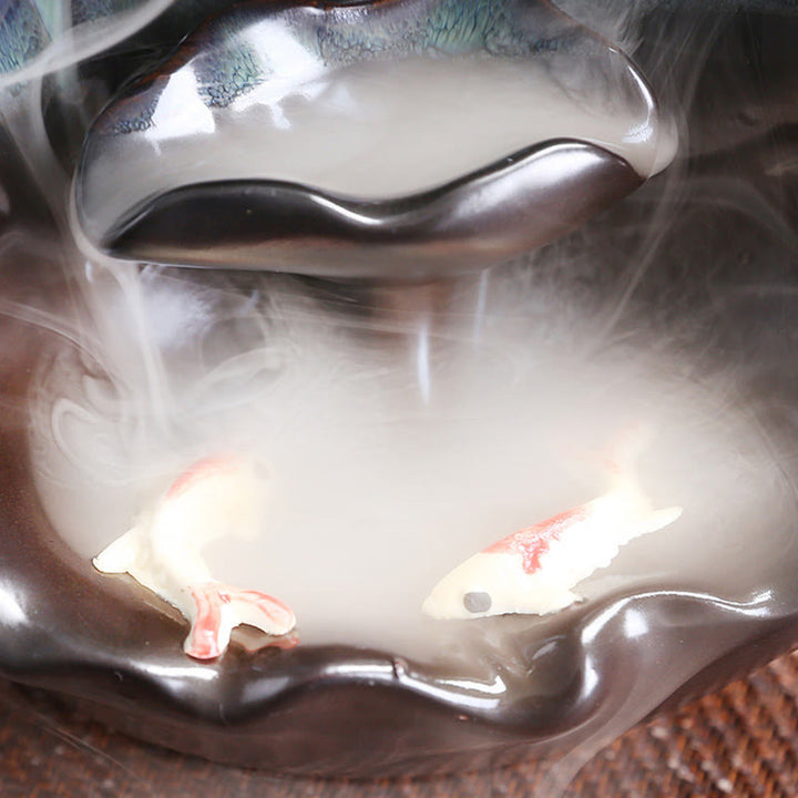 Buddha Stones Blue Lotus Leaf Ceramic Backflow Smoke Fountain Spiritual Incense Burner Decoration - image 9