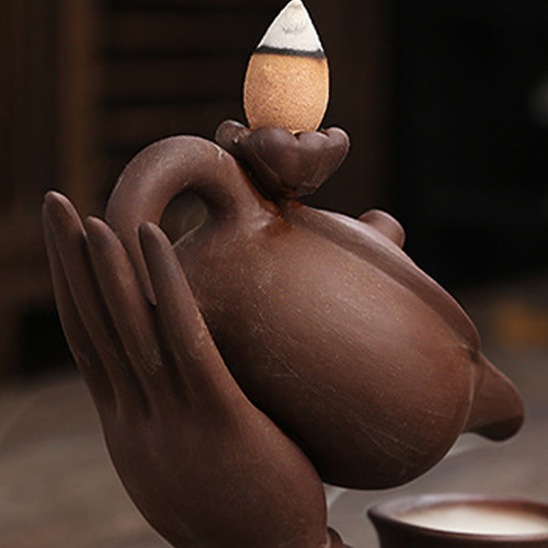 Buddha Stones Buddha Hand Holding Teapot Cup Ceramic Backflow Smoke Fountain Healing Incense Burner Decoration - image 16