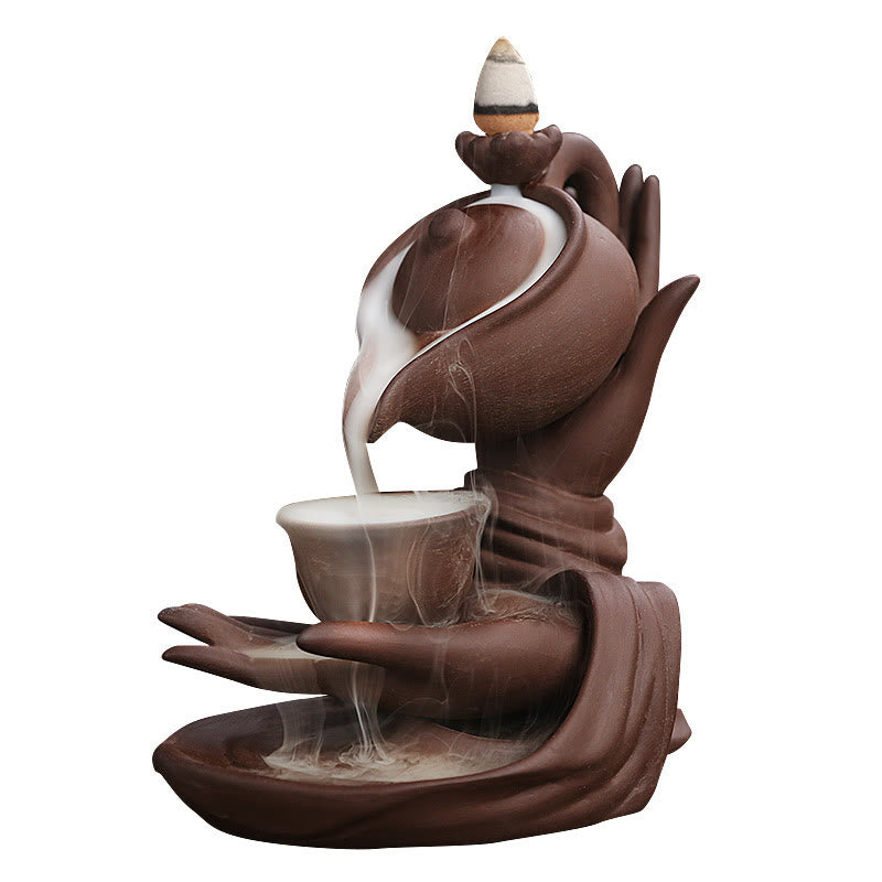 Buddha Stones Buddha Hand Holding Teapot Cup Ceramic Backflow Smoke Fountain Healing Incense Burner Decoration - image 20