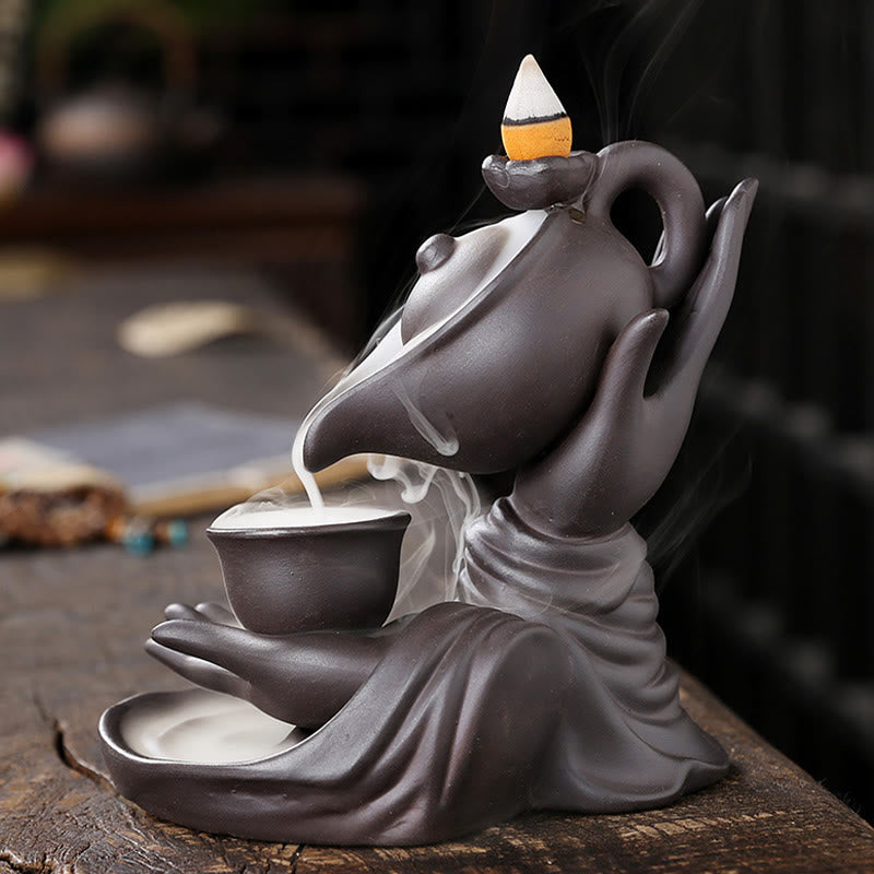 Buddha Stones Buddha Hand Holding Teapot Cup Ceramic Backflow Smoke Fountain Healing Incense Burner Decoration - image 3