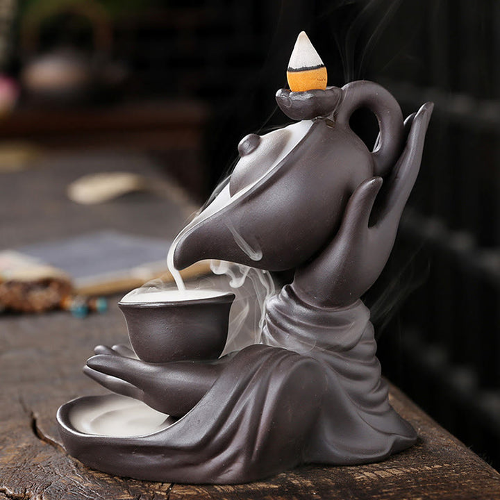 Buddha Stones Buddha Hand Holding Teapot Cup Ceramic Backflow Smoke Fountain Healing Incense Burner Decoration - image 3