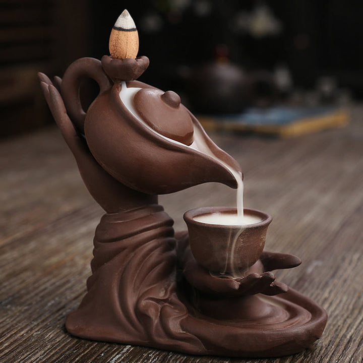 Buddha Stones Buddha Hand Holding Teapot Cup Ceramic Backflow Smoke Fountain Healing Incense Burner Decoration - image 14