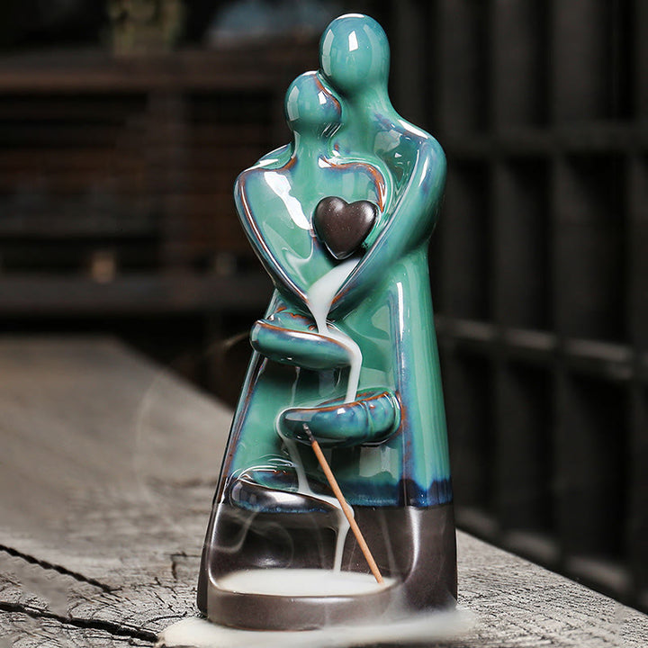 Buddha Stones Lovers Couple Embrace Love Ceramic Backflow Smoke Fountain Healing Incense Burner Decoration - image 6