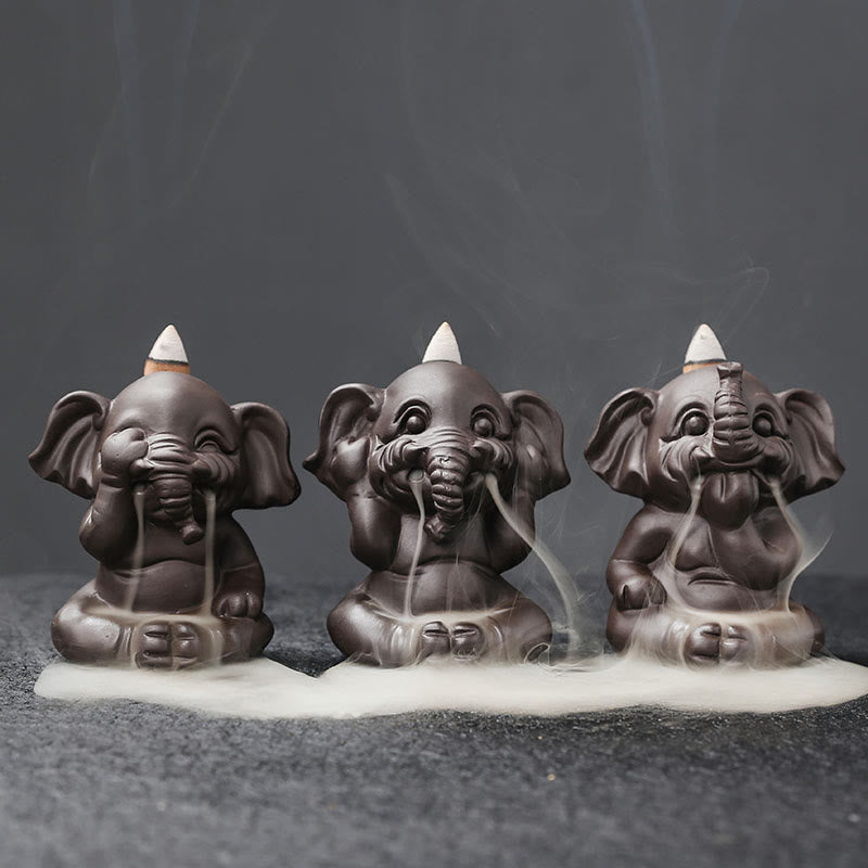 Buddha Stones Cute Elephant Purple Clay Backflow Smoke Fountain Peace Healing Incense Burner Decoration - 3Pcs Elephant Set - image 1