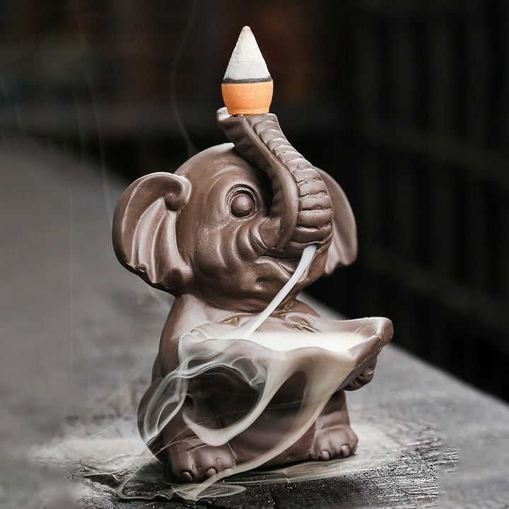 Buddha Stones Little Elephant Holding Leaf Purple Clay Backflow Smoke Fountain Healing Incense Burner Decoration - image 2