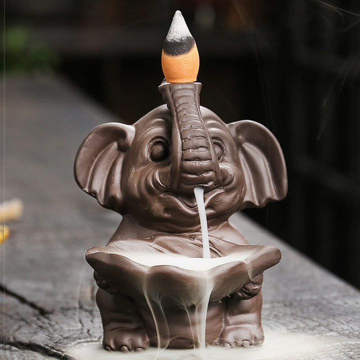 Buddha Stones Little Elephant Holding Leaf Purple Clay Backflow Smoke Fountain Healing Incense Burner Decoration - image 9