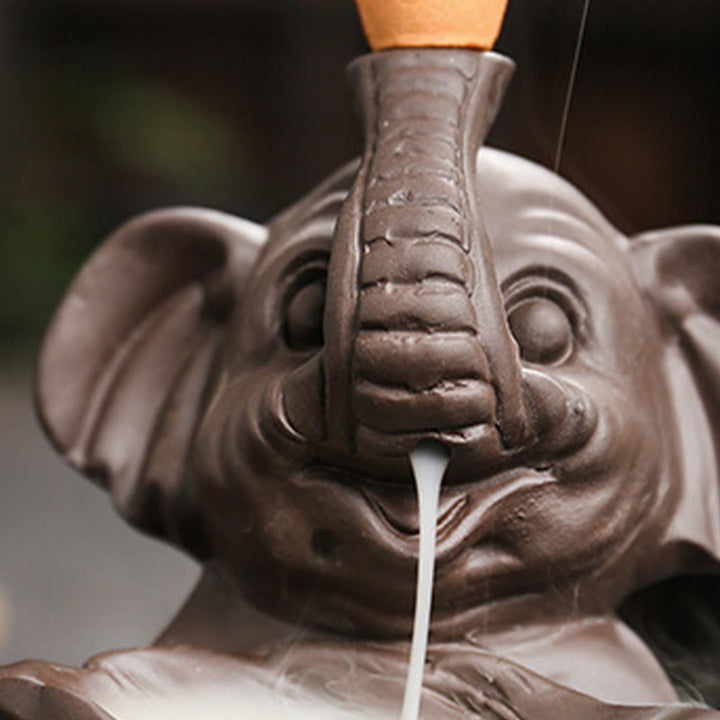 Buddha Stones Little Elephant Holding Leaf Purple Clay Backflow Smoke Fountain Healing Incense Burner Decoration - image 11