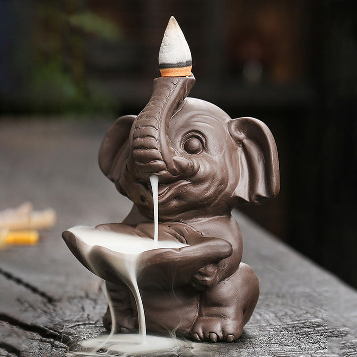 Buddha Stones Little Elephant Holding Leaf Purple Clay Backflow Smoke Fountain Healing Incense Burner Decoration - image 4