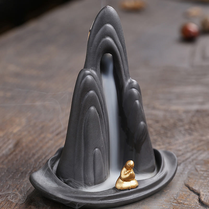 Buddha Stones Little Monk Mountains Flowing Water Purple Clay Ceramic Healing Backflow Incense Burner Decoration - image 5