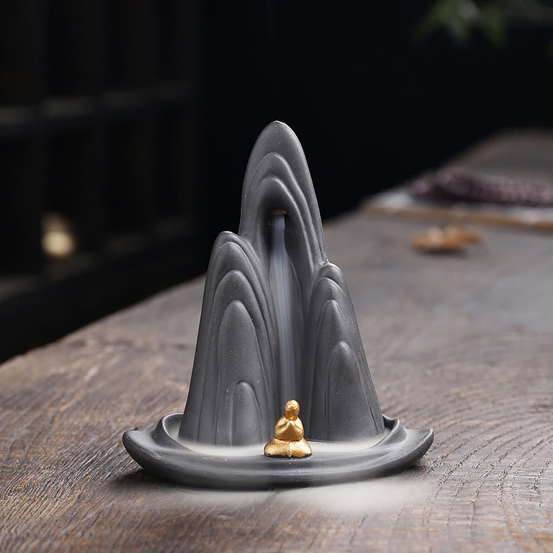Buddha Stones Little Monk Mountains Flowing Water Purple Clay Ceramic Healing Backflow Incense Burner Decoration - 10*6.6*10.8cm(without incense) - image 1